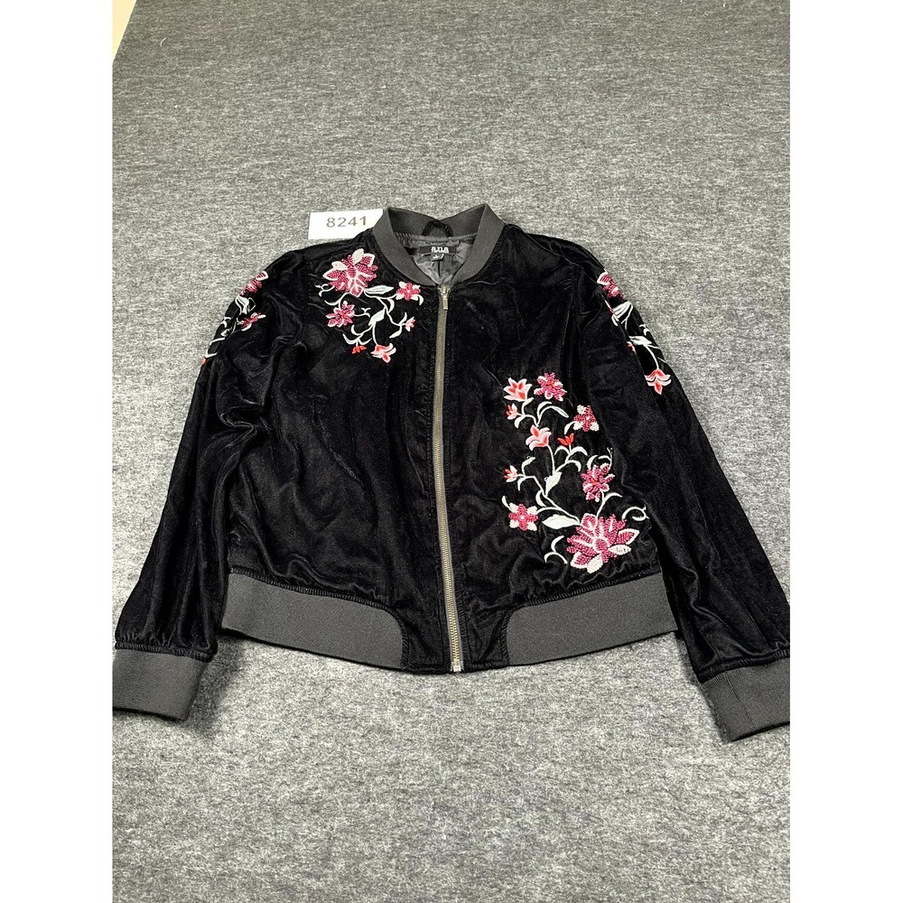 a.n.a Bomber Jacket Womens Large Black Velvet Floral Embroidery Full Zip Casual